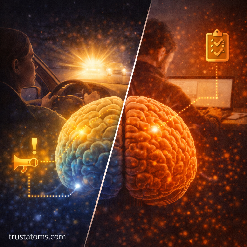 Split illustration showing alertness while driving on one side and focused task execution while working on a computer on the other.