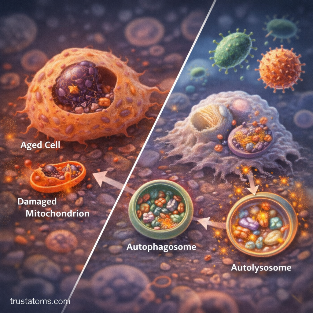 Split diagram illustrating autophagy removing damaged mitochondria and recycling cellular material through autophagosomes and autolysosomes.