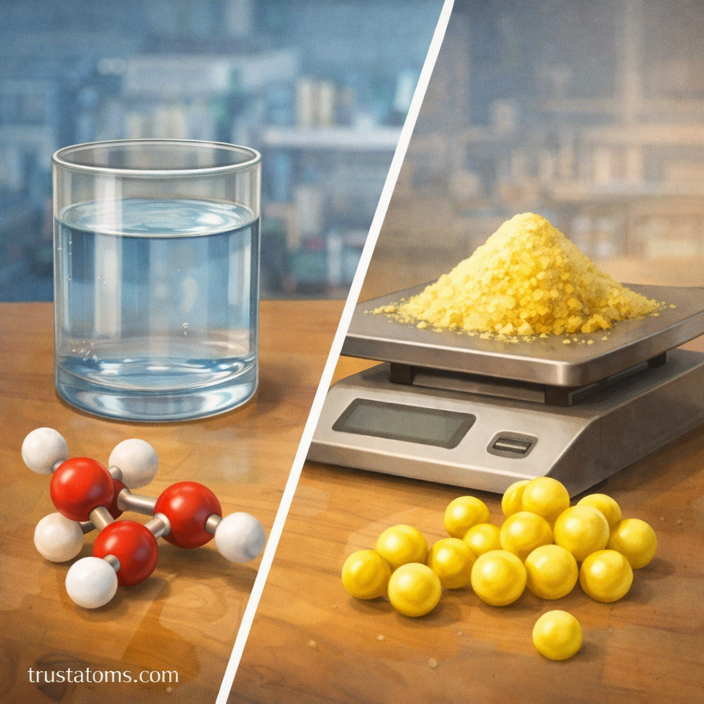 Split illustration showing a glass of water with molecular model on one side and sulfur atoms with a lab scale on the other, representing different substances containing the same number of particles in a mole.
