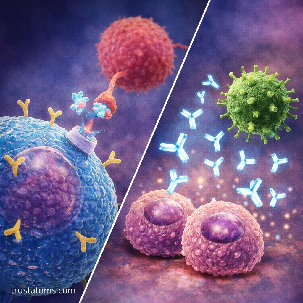 Split diagram showing B cell activation with helper T cell interaction and antibody release targeting a pathogen.