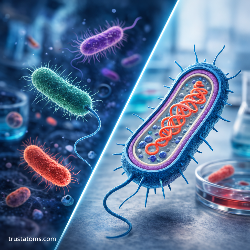 Split diagram showing several bacteria on one side and a cutaway view of a bacterial cell with DNA and internal components on the other.