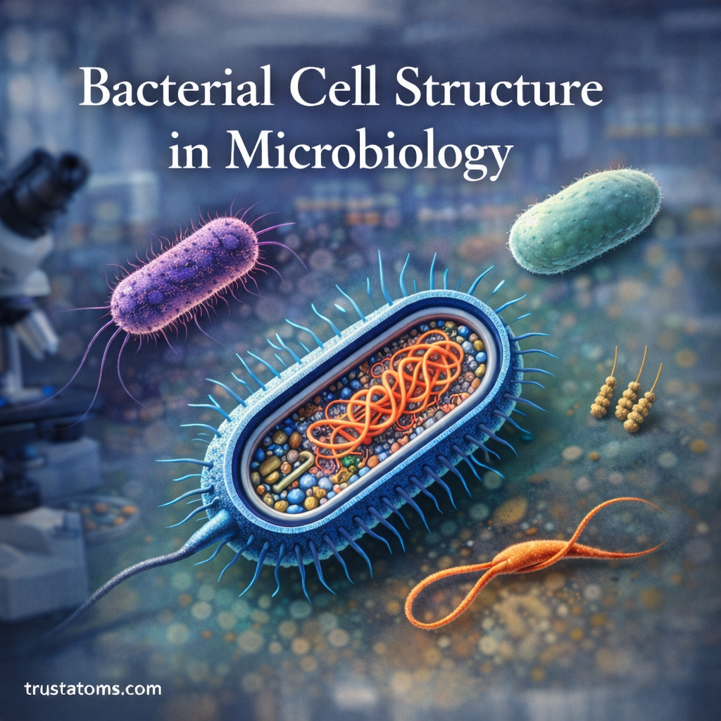 Illustrated diagram showing the internal structure of a bacterial cell with DNA, cell membrane, ribosomes, pili, and flagellum.