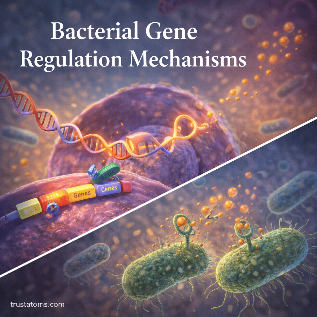 Scientific illustration showing bacterial gene regulation mechanisms including DNA operons, regulatory proteins, and cell signaling between bacteria.
