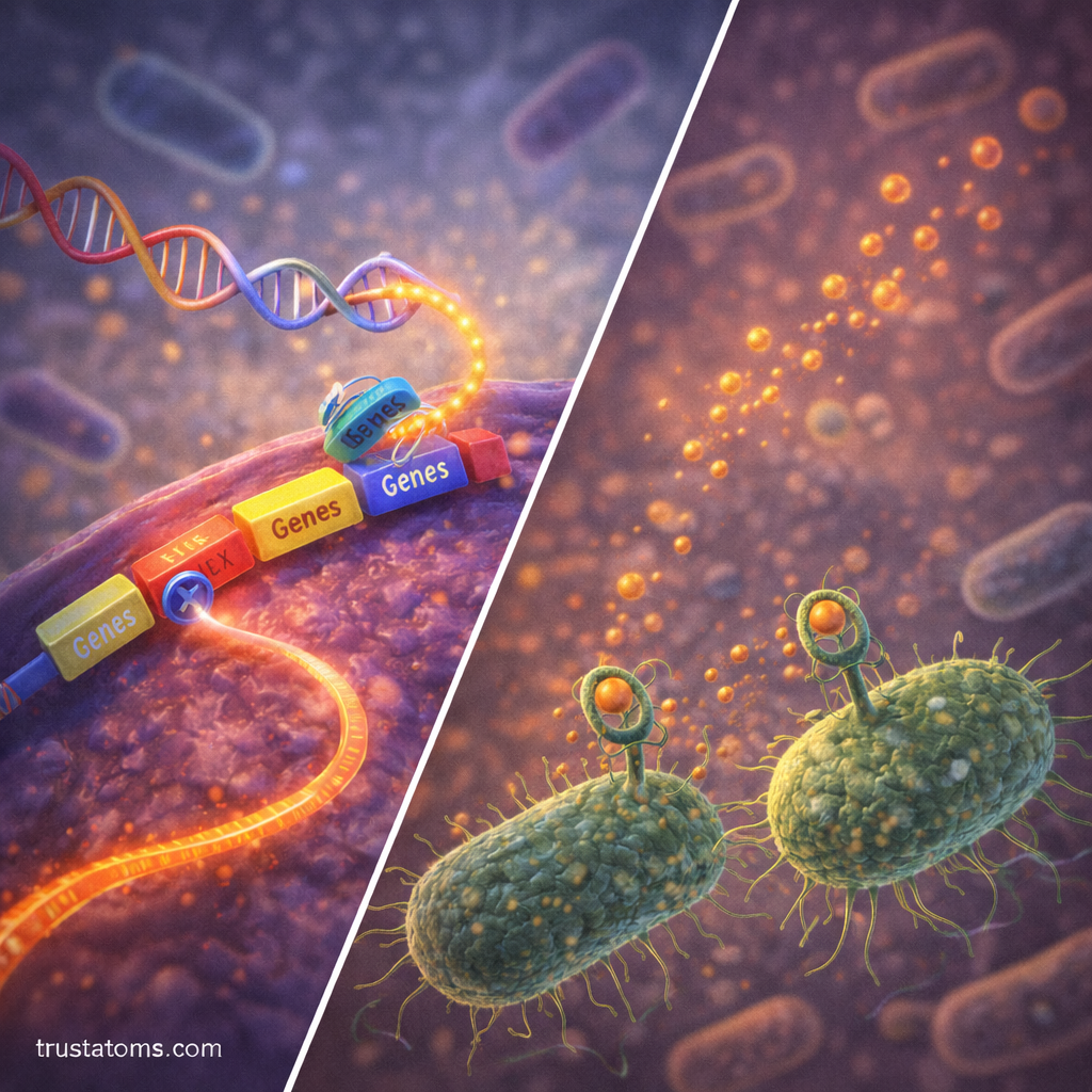 Split diagram illustrating bacterial gene regulation with an operon controlling gene transcription on one side and quorum sensing communication between bacteria on the other.