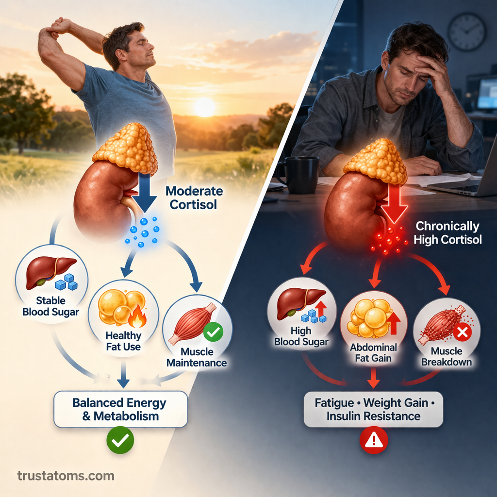 Split image comparing balanced cortisol with healthy metabolism and high cortisol linked to stress, poor diet, and metabolic imbalance.