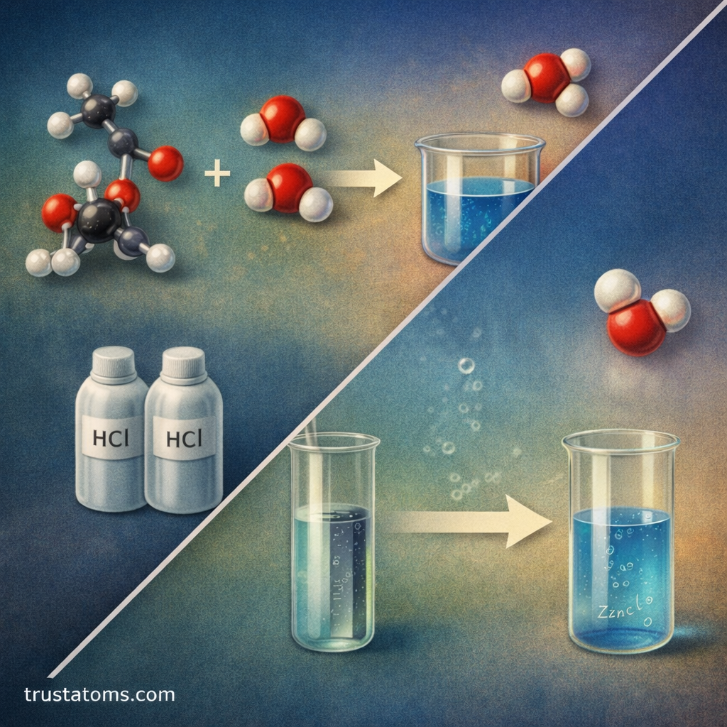 Educational split illustration showing two chemical reaction examples with molecules and laboratory glassware representing balanced chemical reactions.