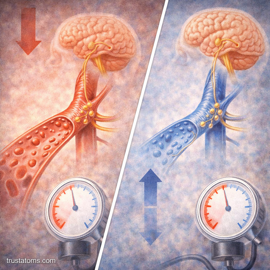 Split illustration showing baroreceptor response to high and low blood pressure with artery stretch changes and brain signaling.