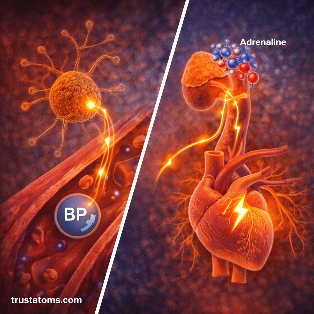 Split illustration showing baroreceptors detecting blood pressure and adrenaline increasing heart rate through hormonal signaling.