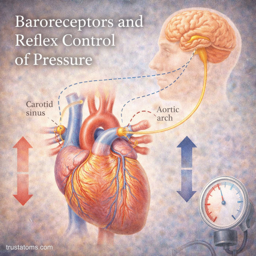 Illustration of baroreceptors in the carotid sinus and aortic arch regulating blood pressure through reflex control involving the heart and brain.