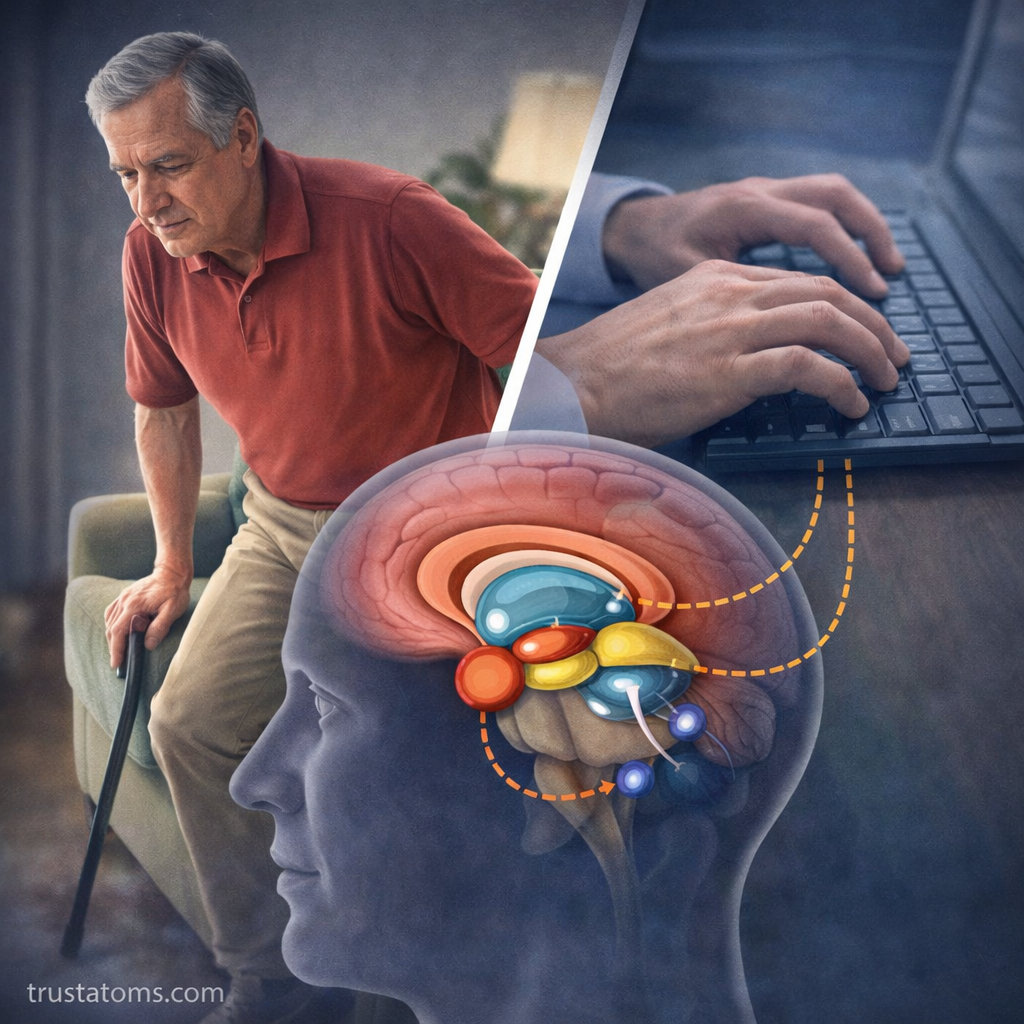 Split illustration showing a man standing up from a chair and hands typing, connected to basal ganglia activity in the brain.