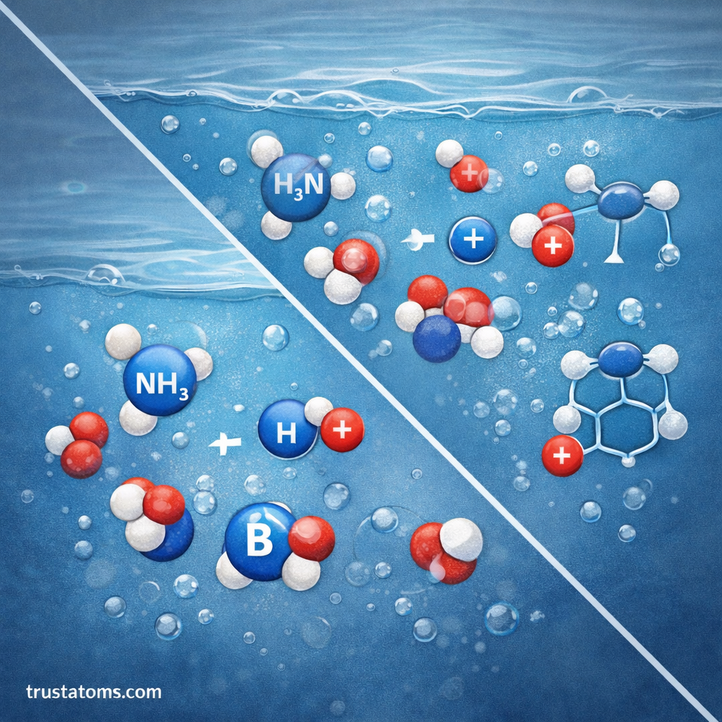 Educational chemistry diagram showing two different bases dissolving in water with partial and greater dissociation to illustrate base strength.