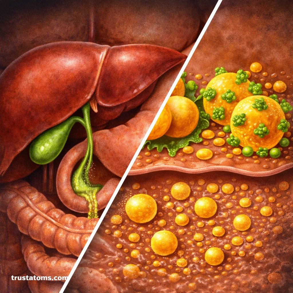 Split diagram showing bile release from the liver and gallbladder alongside fat emulsification into smaller droplets in the small intestine.