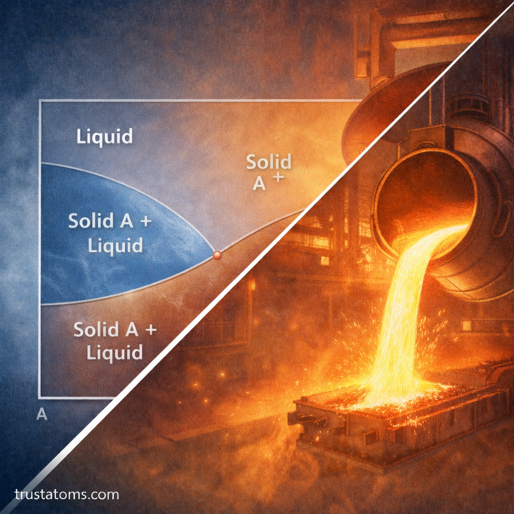 Split illustration showing a simplified binary phase diagram beside molten metal being poured in an industrial foundry, representing real-world applications of phase diagrams.