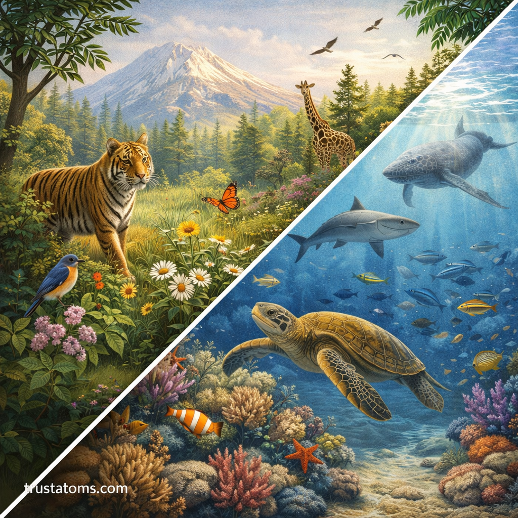 Split illustration showing biodiversity on land with forest animals and biodiversity in the ocean with coral reef marine life.