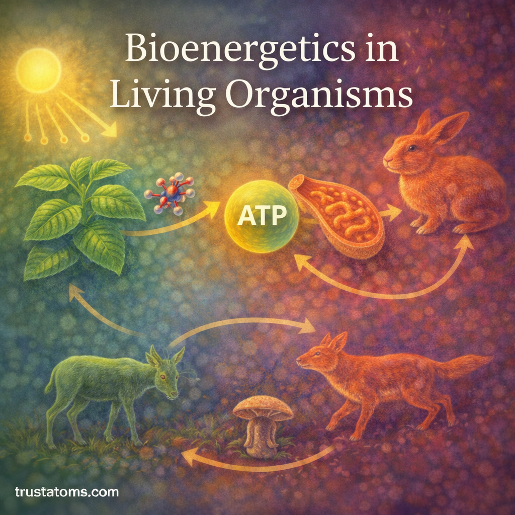 Educational illustration showing bioenergetics in living organisms with energy flowing from sunlight to plants, ATP production in cells, and transfer through animals in an ecosystem.