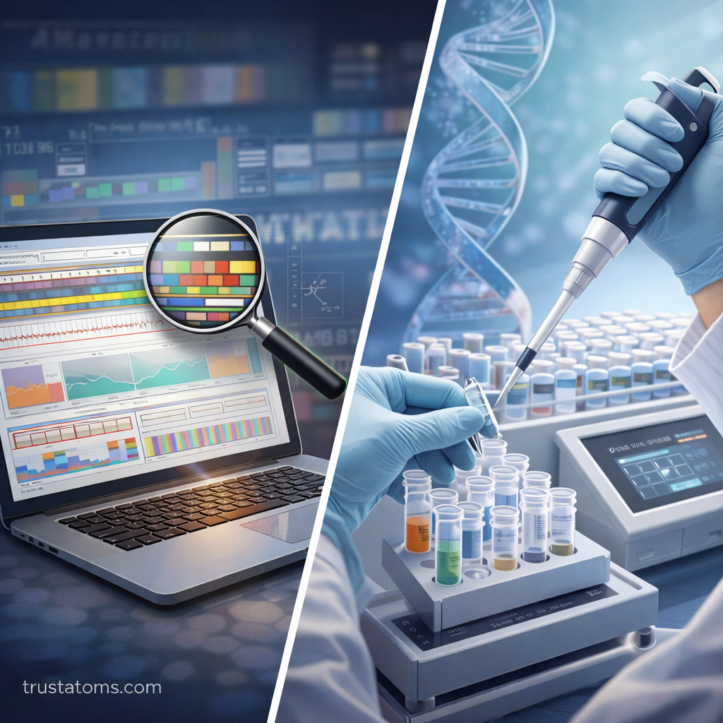 Split illustration showing genomic data analysis on a computer and laboratory DNA sequencing with test tubes and pipette used in bioinformatics research.