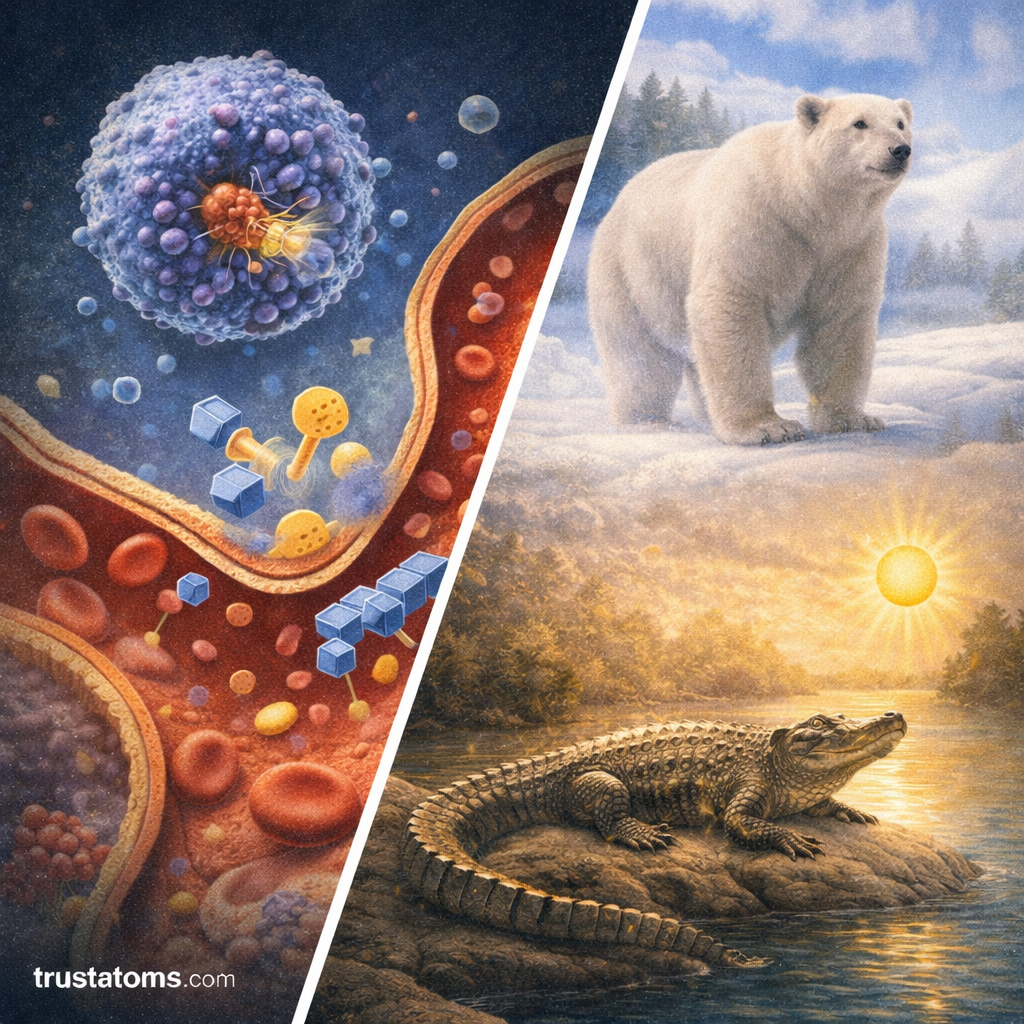 Split illustration showing microscopic cellular regulation processes on one side and animal adaptations for temperature stability with a polar bear and alligator on the other.