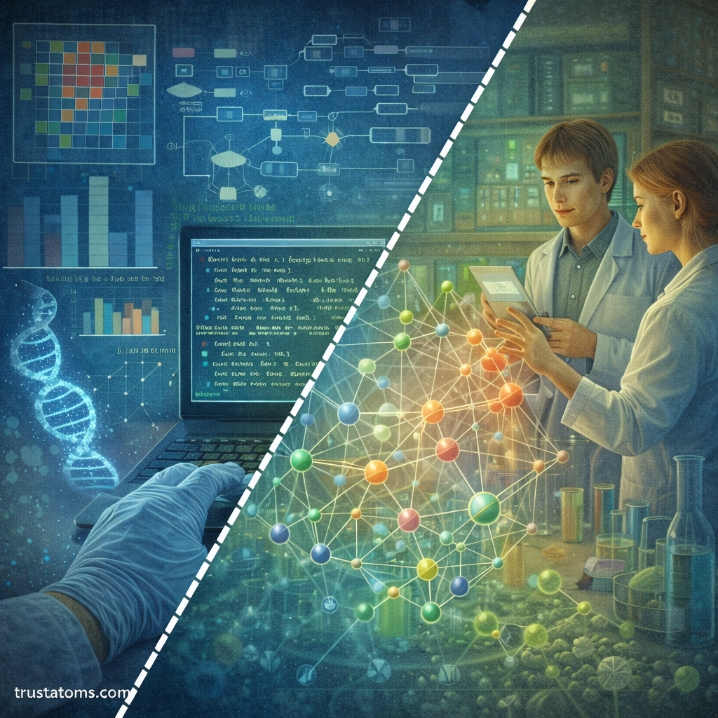 Split illustration showing computational analysis of biological data and laboratory study of molecular interaction networks in systems biology.