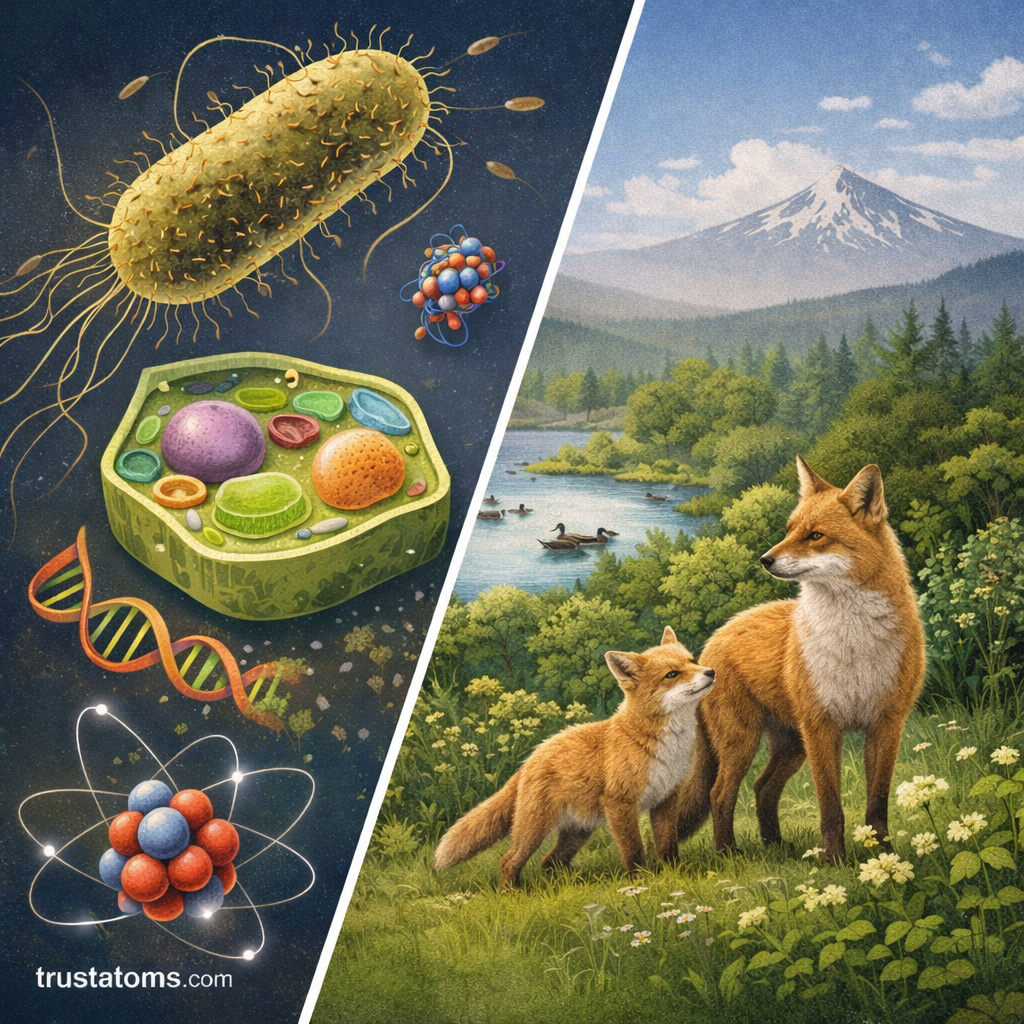 Split diagram showing microscopic biological structures like atoms, DNA, bacteria, and cells on one side and organisms within an ecosystem on the other.