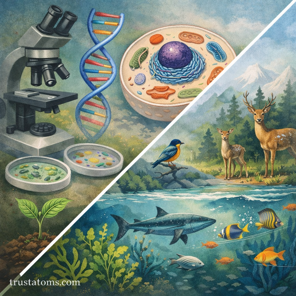 Split illustration showing biology concepts from microscopic cells and DNA to animals and ecosystems in nature.