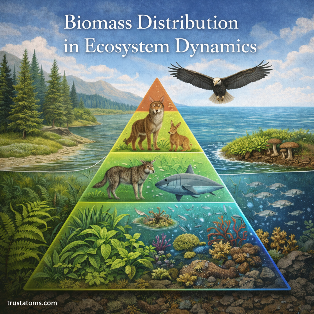 Illustration showing a trophic biomass pyramid with plants, herbivores, and predators representing biomass distribution across ecosystem food chains.