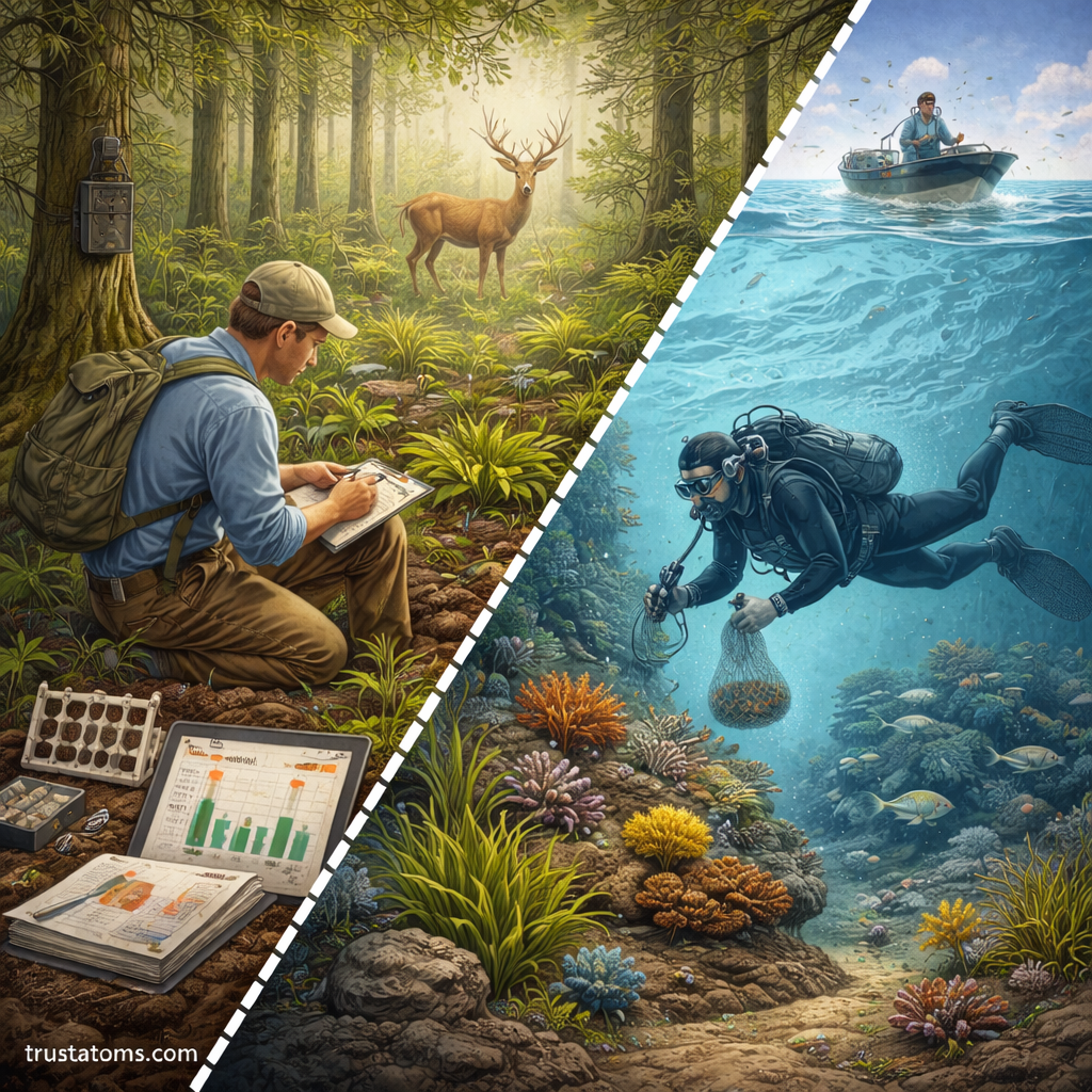 Split illustration showing biomass research in a forest ecosystem and a marine ecosystem, representing how biomass is studied across different environments.