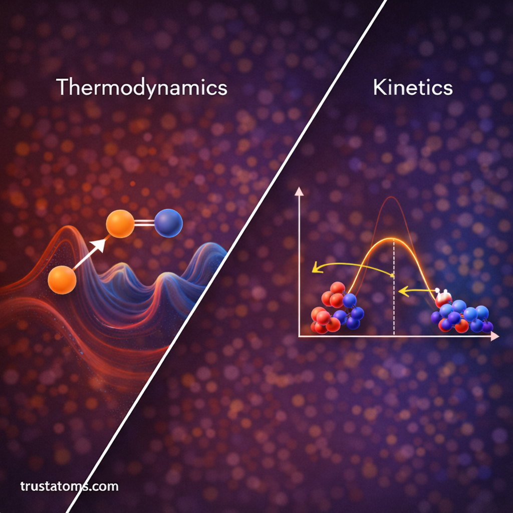 Split illustration showing molecular binding energy landscape on one side and a simple reaction energy barrier on the other representing thermodynamics and kinetics in molecular interactions. trustatoms.com.