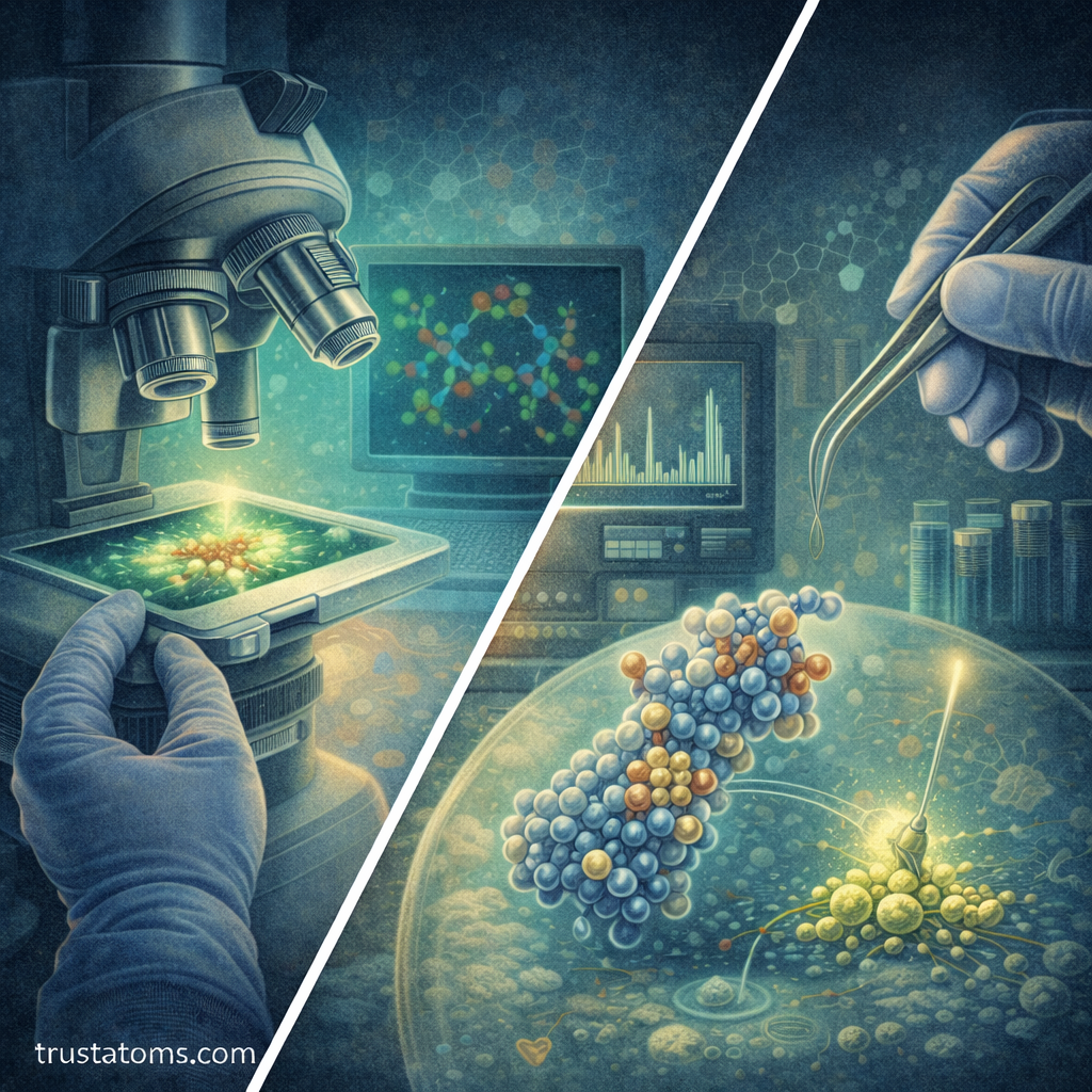 Split diagram illustrating biophysical chemistry techniques including fluorescence microscopy and molecular spectroscopy used to study molecules in cells.