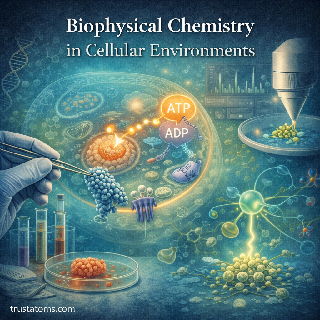 Illustration showing molecular interactions, enzymes, and energy transfer processes within a cellular environment in biophysical chemistry.