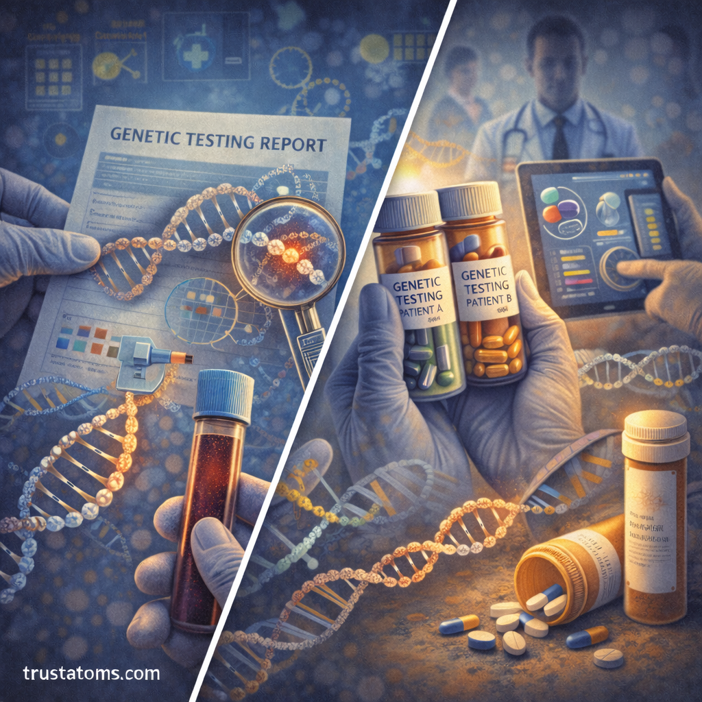 Split illustration showing biotechnology in medicine with genetic testing diagnostics and personalized medicine treatments.