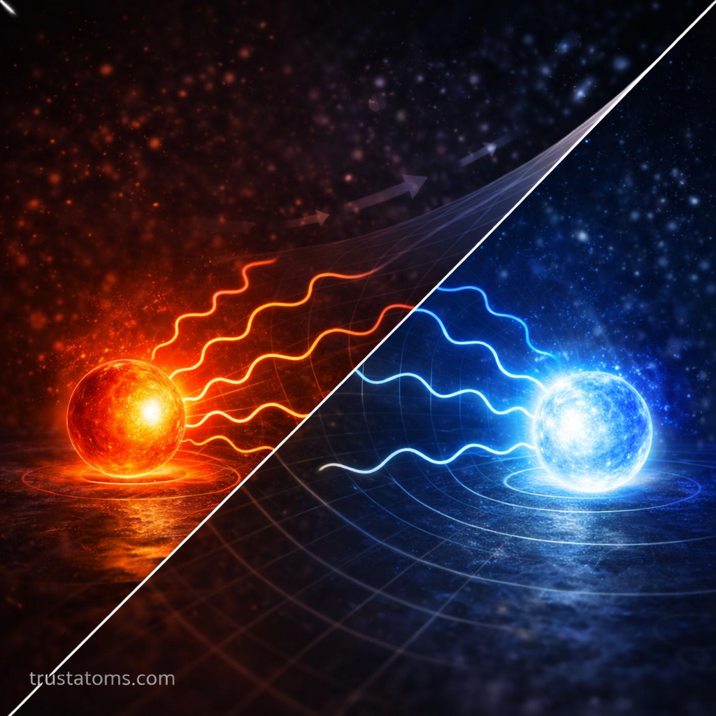 Diagonal split illustration comparing a cooler red glowing object and a hotter blue-white object emitting different intensity thermal radiation waves, demonstrating blackbody radiation, with trustatoms.com watermark.