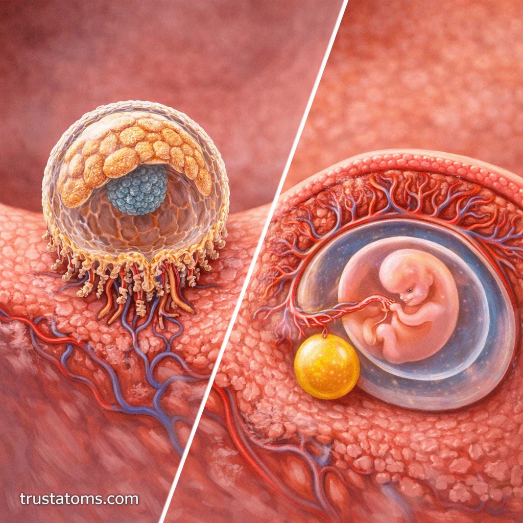 Split diagram showing blastocyst implantation into the uterine lining and early embryo development with amniotic sac and yolk sac.