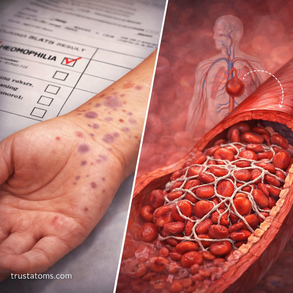 Split diagram showing mild bruising from a bleeding disorder on one side and a blood clot inside a vessel on the other.