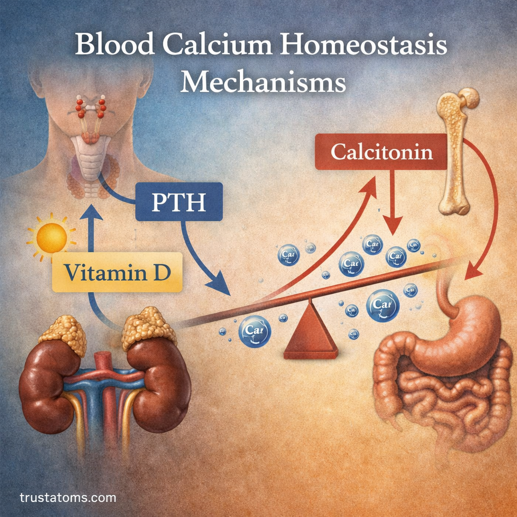 Diagram showing blood calcium regulation involving parathyroid hormone, calcitonin, vitamin D, and organs like bones, kidneys, and intestines.