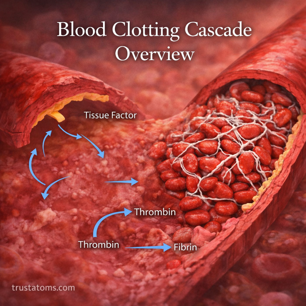 Simplified illustration of blood clotting cascade showing fibrin clot formation inside a damaged blood vessel.