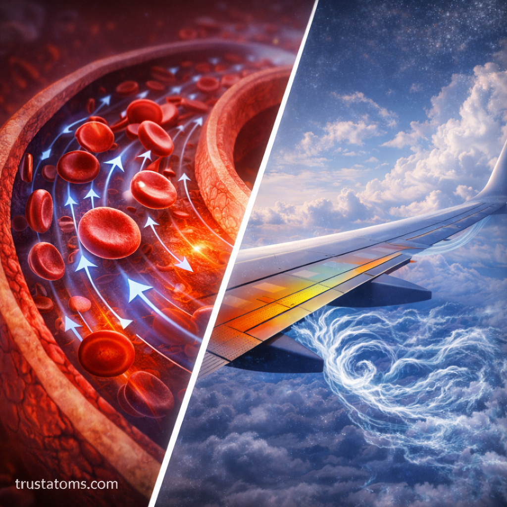 Diagonal split illustration comparing blood flow in an artery with airflow over an airplane wing in fluid dynamics.