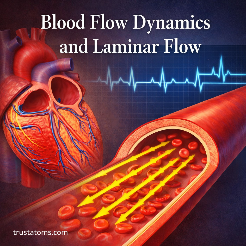 Illustration of blood flow dynamics showing laminar flow in a blood vessel with red blood cells moving in parallel layers and a heart in the background.
