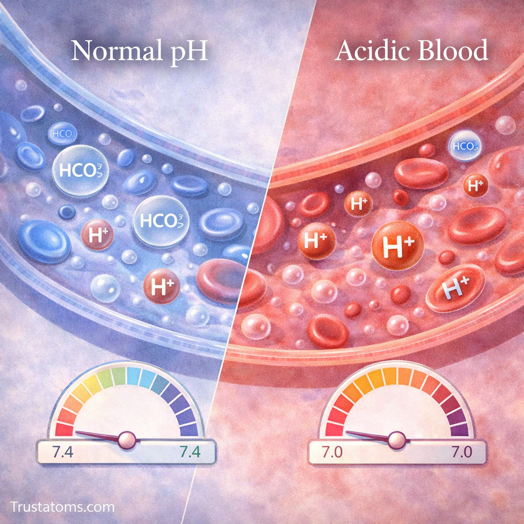 Split illustration comparing normal blood pH with balanced bicarbonate levels and acidic blood with increased hydrogen ions.