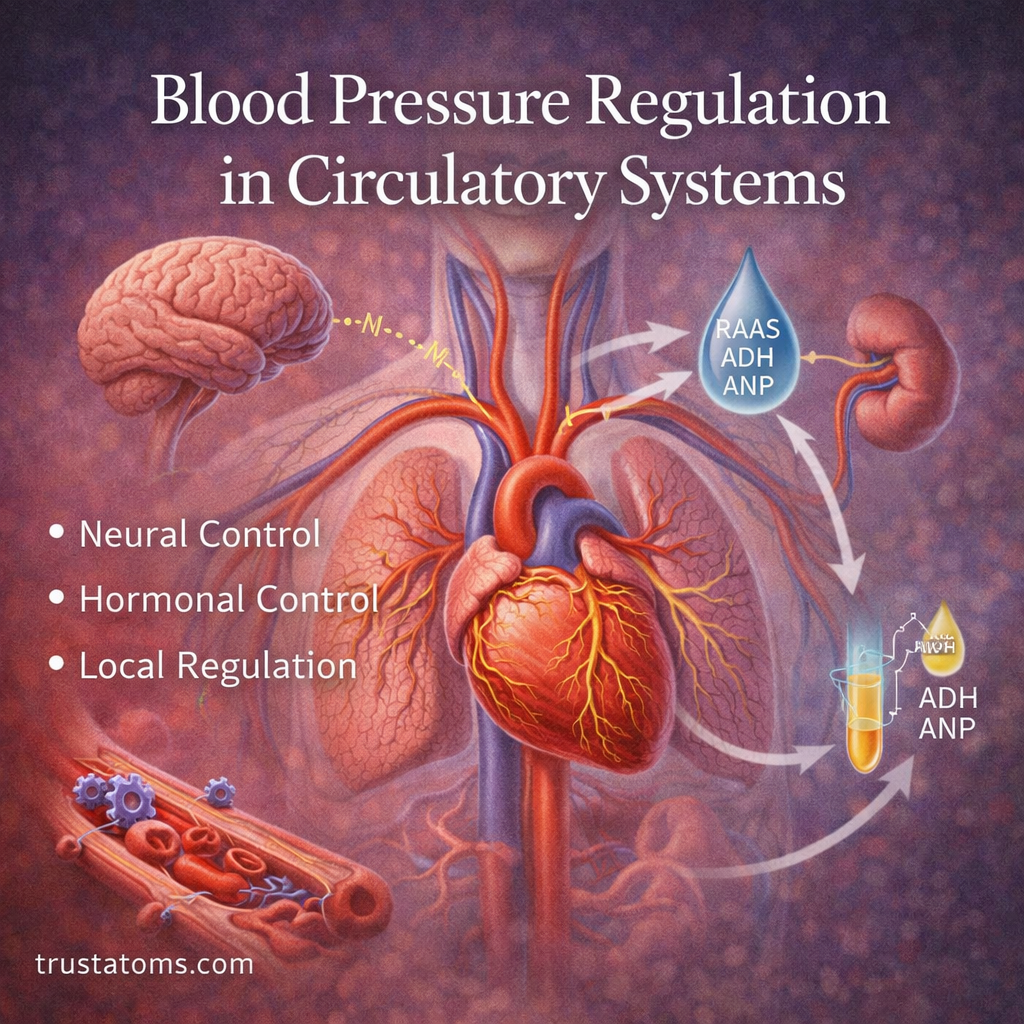 Illustration showing how the brain, heart, blood vessels, and kidneys regulate blood pressure in the body.