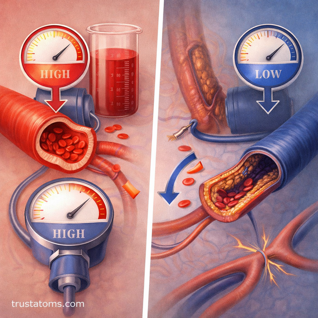 Split illustration comparing healthy blood vessel and narrowed vessel showing differences in blood pressure and flow.