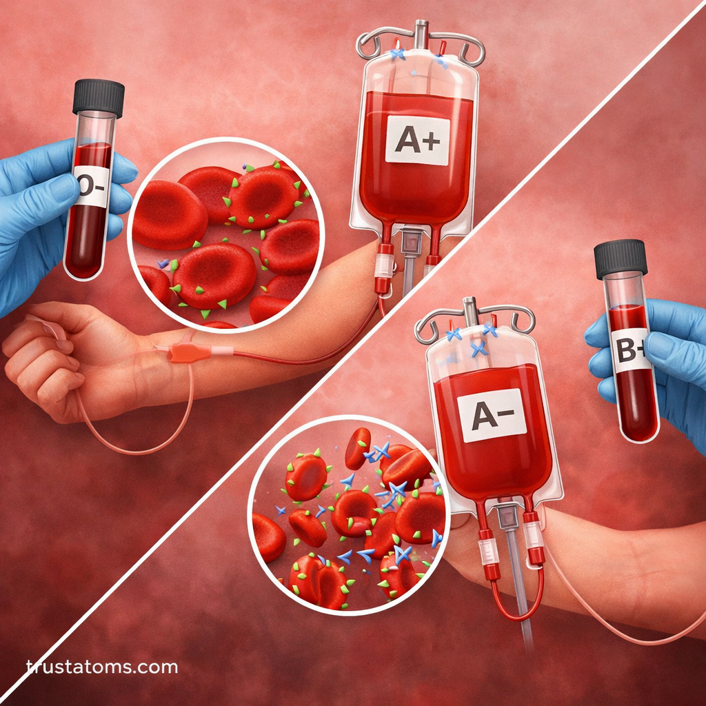 Split diagram showing compatible vs incompatible blood transfusion reactions with red blood cells and agglutination example.