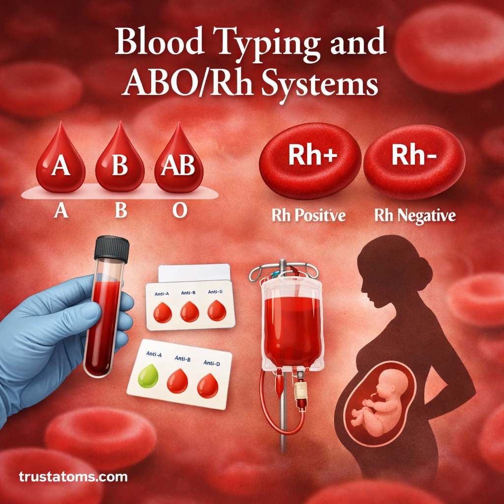 Illustration showing ABO blood types A, B, AB, O and Rh positive and negative systems with blood sample testing and transfusion context.