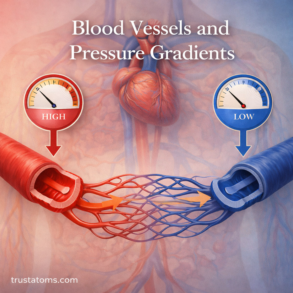 Illustration showing pressure differences in arteries, capillaries, and veins with blood flow direction.