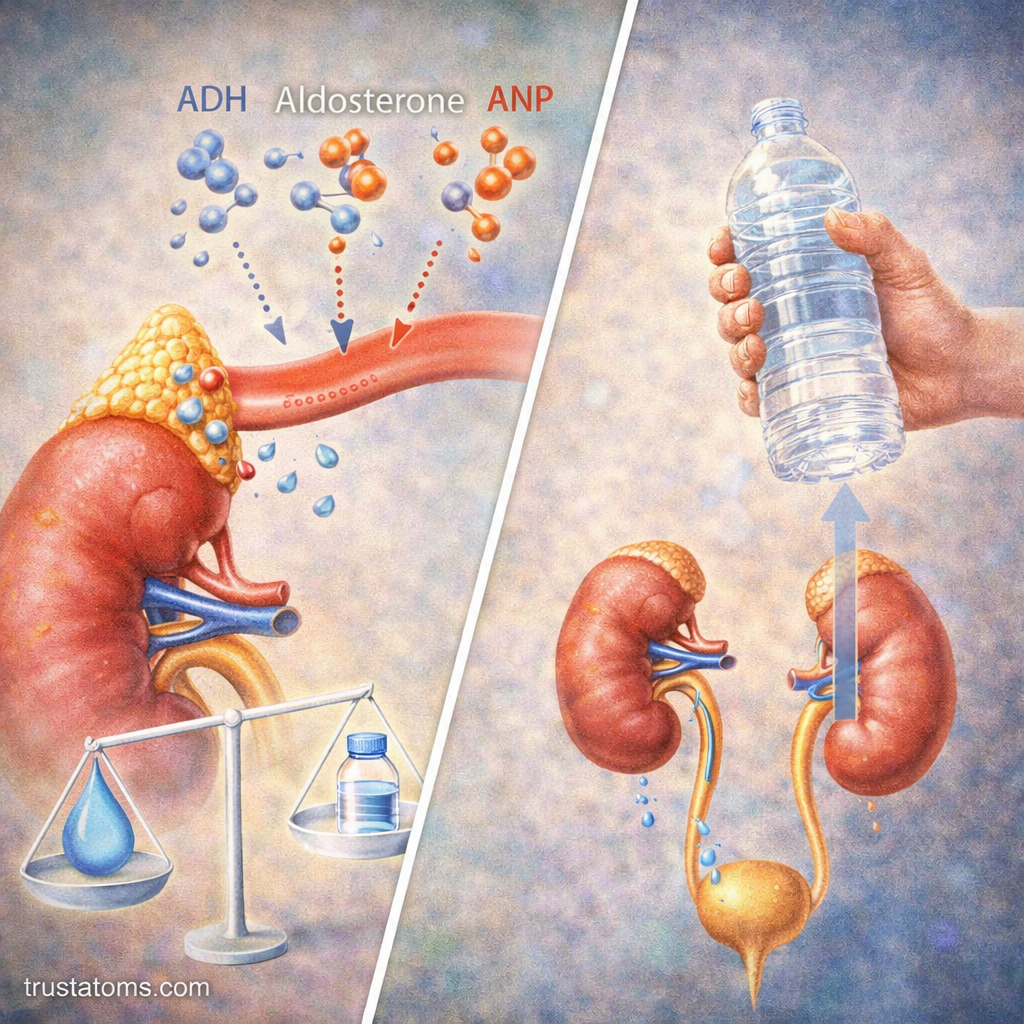 Split illustration showing hormonal regulation of blood volume with ADH, aldosterone, and ANP on one side and kidney fluid balance from water intake on the other.