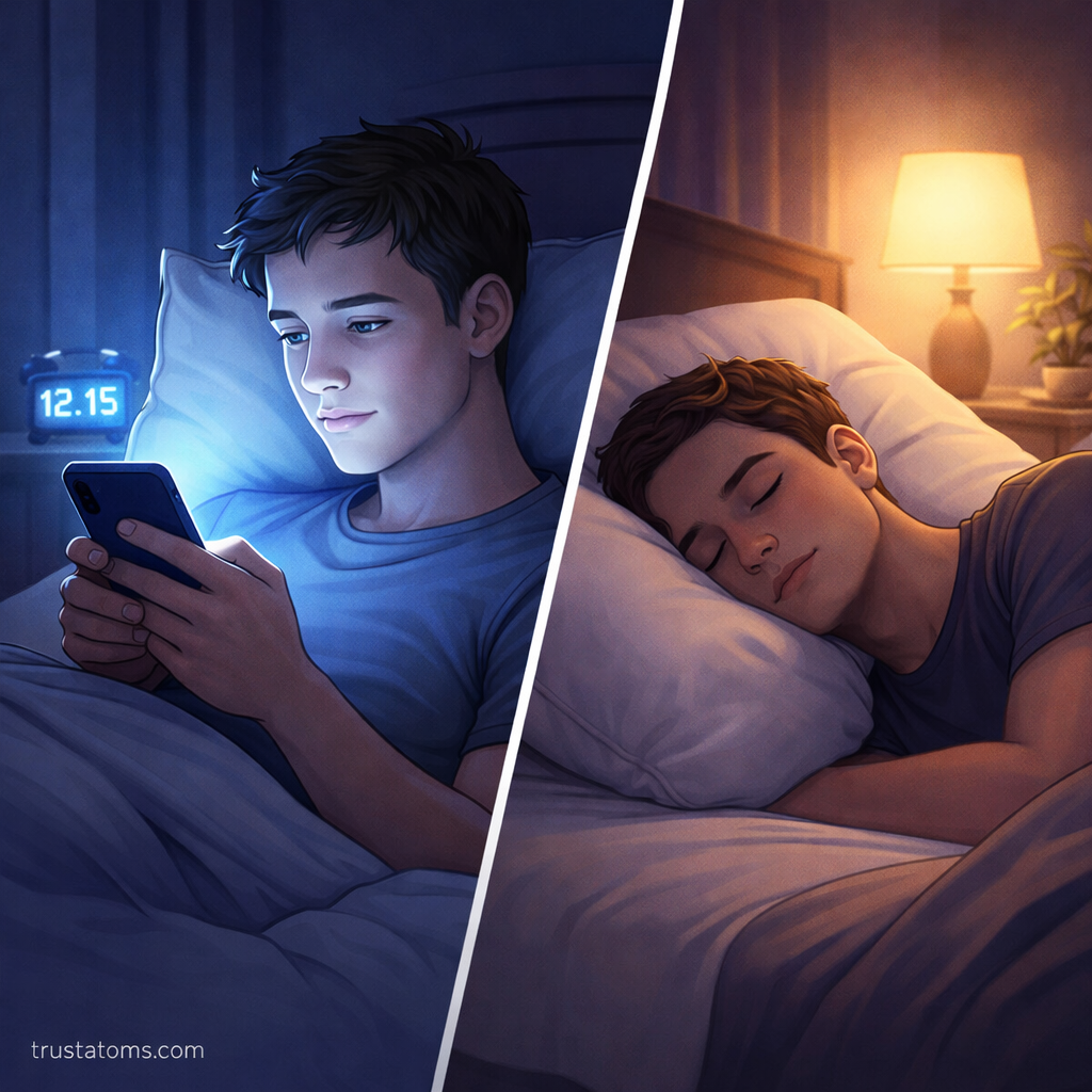 Split illustration showing blue light exposure from a phone at night versus healthy sleep in darkness.