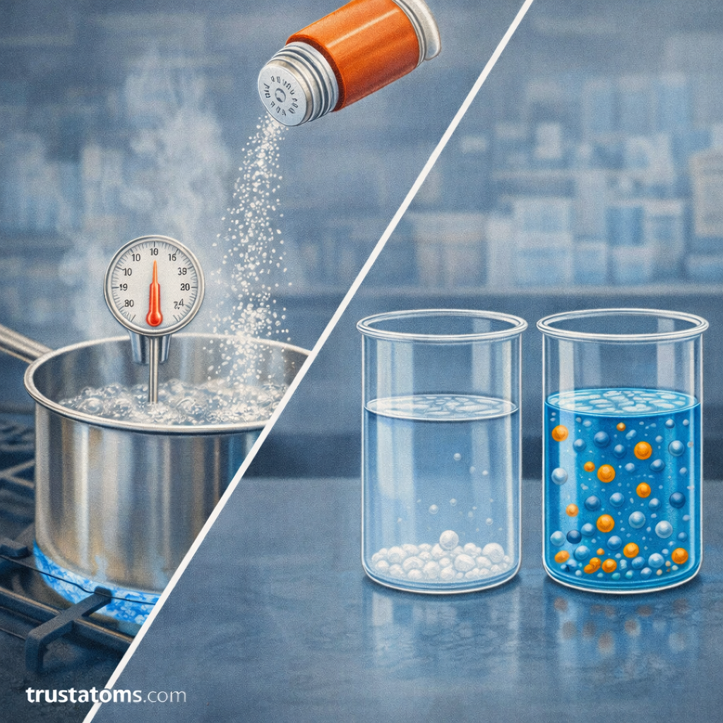 Split illustration showing salt added to boiling water and comparison between pure solvent and particle-rich solution.