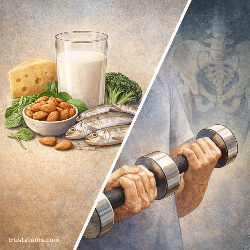 Split illustration showing calcium-rich foods on one side and strength training with dumbbells on the other, representing bone density support.