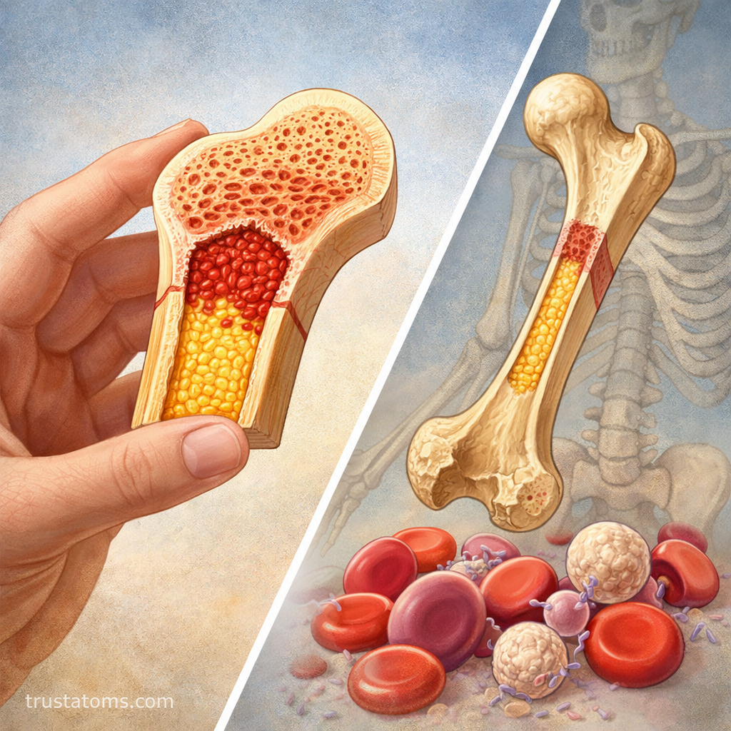 Split illustration showing bone cross-section with red and yellow marrow alongside blood cells produced in bone marrow.