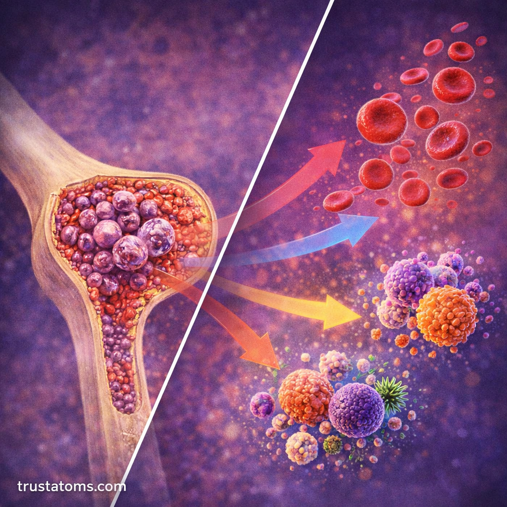 Split diagram showing bone marrow stem cells on one side and differentiation into red blood cells, white blood cells, and platelets on the other.