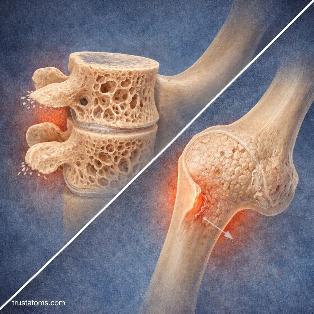 Diagonal split illustration showing osteoporosis with porous bone and osteomalacia with softened, weakened bone structure.